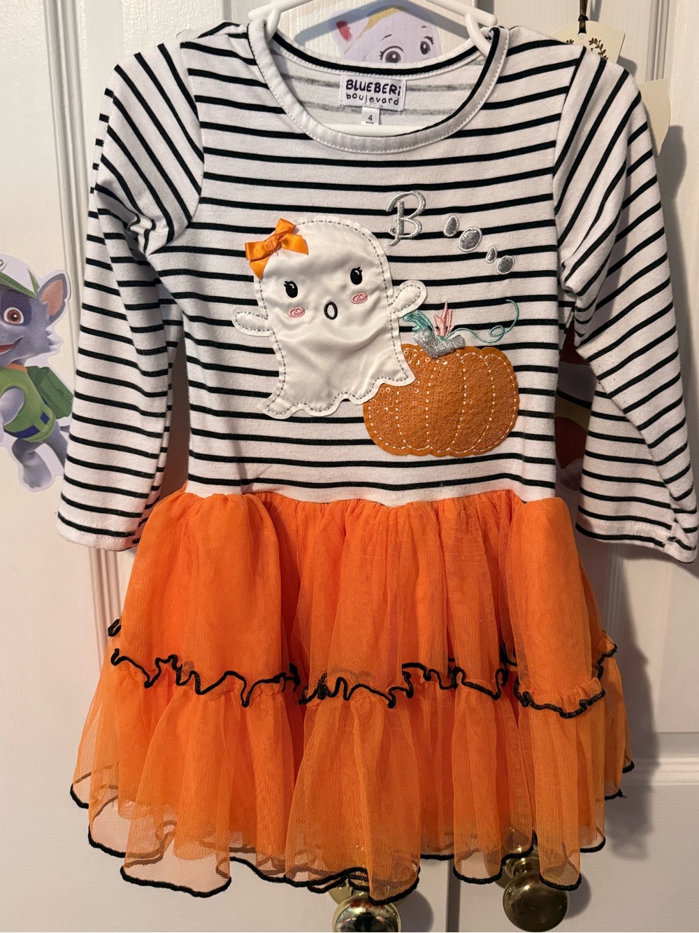 Blueberi Boulevard Black White Striped Ghost & Orange Tulle Halloween Dress